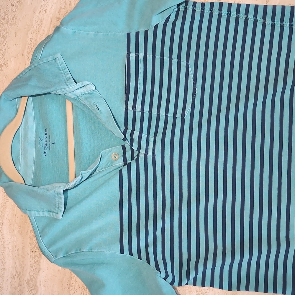 Vineyard Vines Boy Teal and Navy Striped Polo